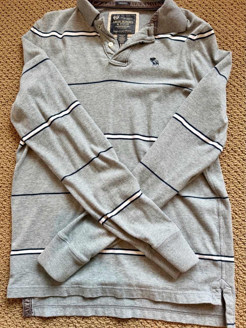 Classic, Classy Vintage Abercrombie & Fitch Light Gray Striped Long-Sleeve Polo!